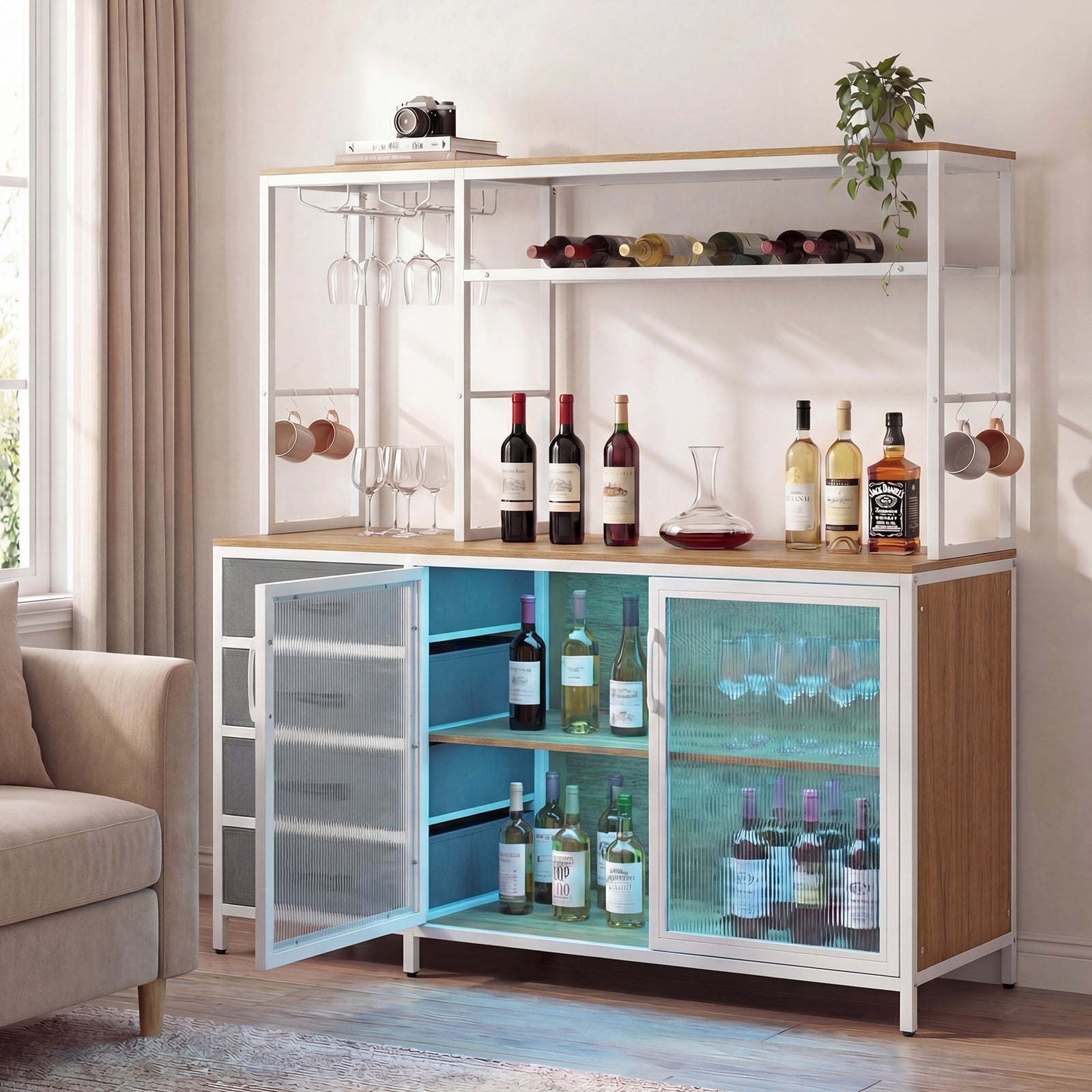 Sideboard Buffet Cabinet with LED Lights 55 inch Coffee Table with Power Outlets
