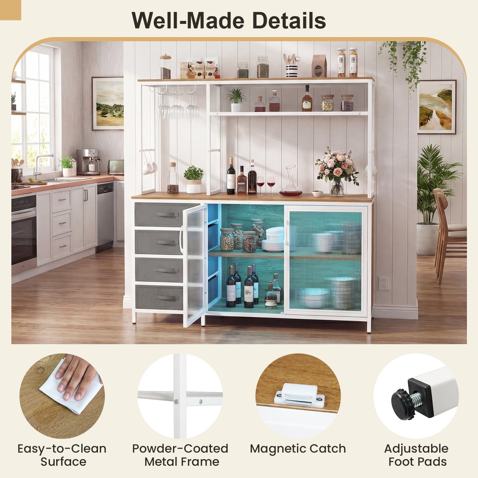 Sideboard Buffet Cabinet with LED Lights 55 inch Coffee Table with Power Outlets