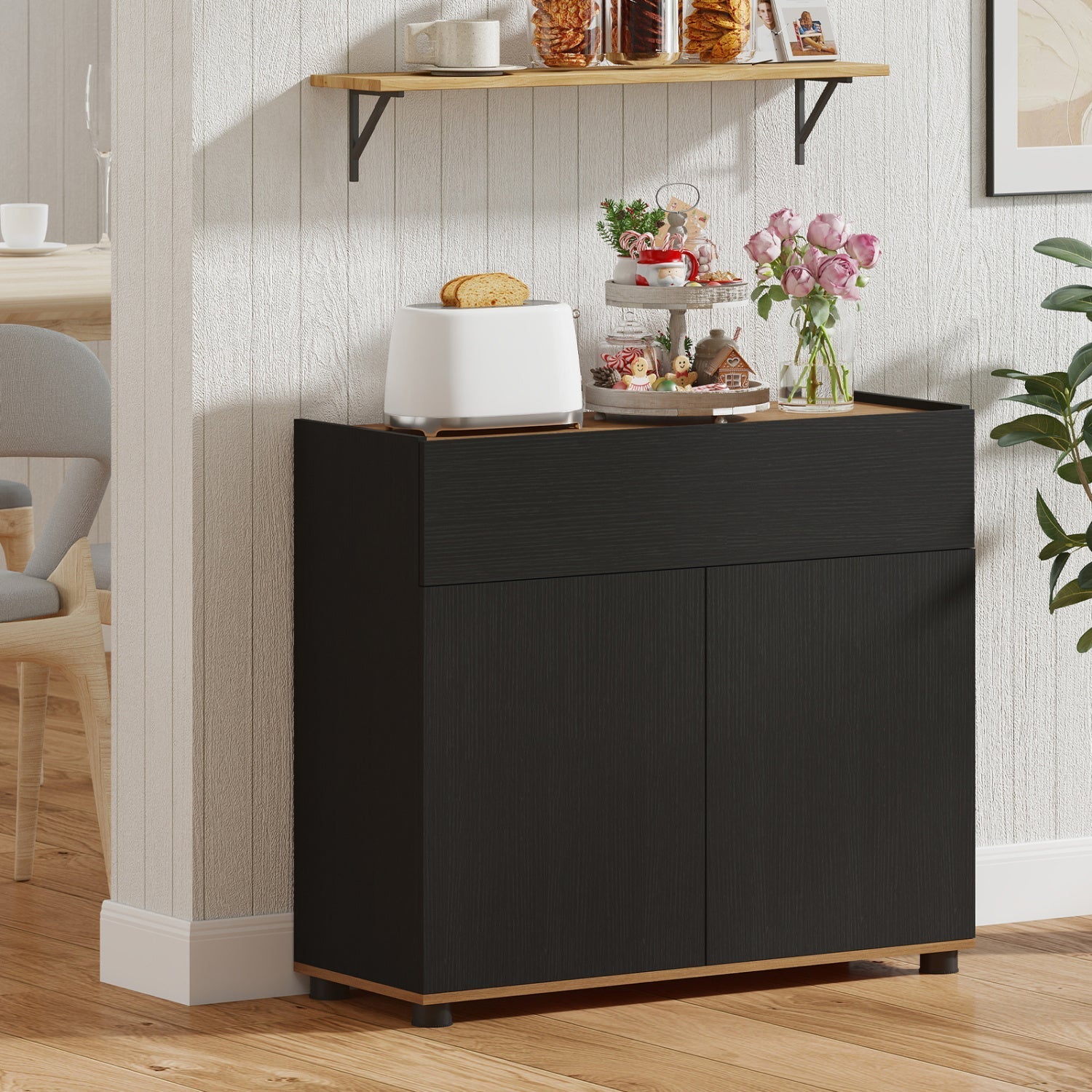 Sideboard Buffet Cabinet with Storage Wooden Kitchen Storage Cabinet-Black
