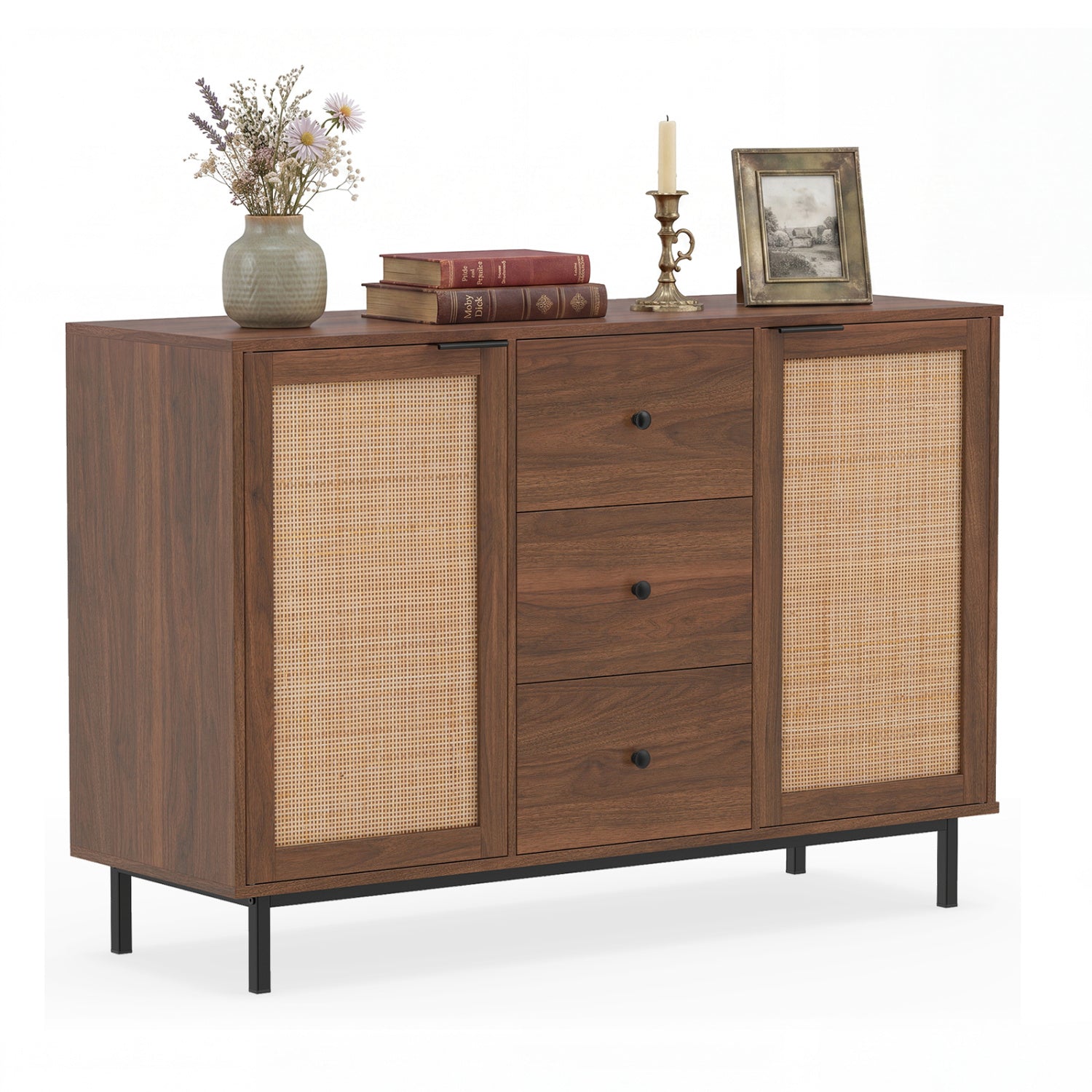 Sideboard Buffet Cabinet with Rattan Doors and 3 Drawers