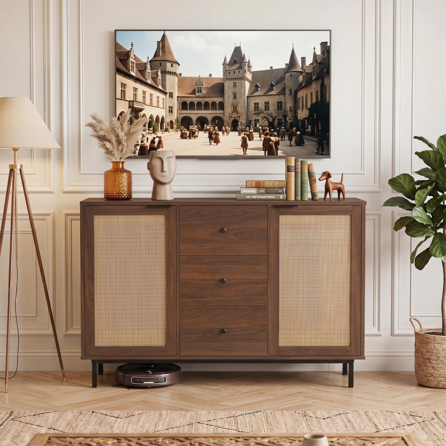 Sideboard Buffet Cabinet with Rattan Doors and 3 Drawers