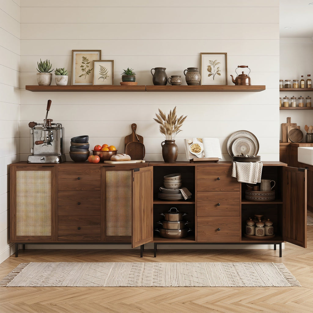 Sideboard Buffet Cabinet with Rattan Doors and 3 Drawers