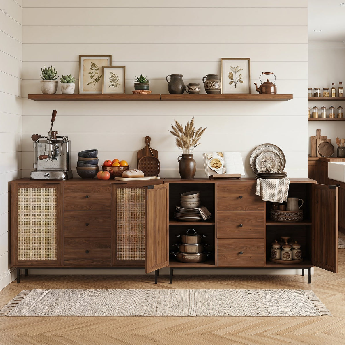 Sideboard Buffet Cabinet with Rattan Doors and 3 Drawers