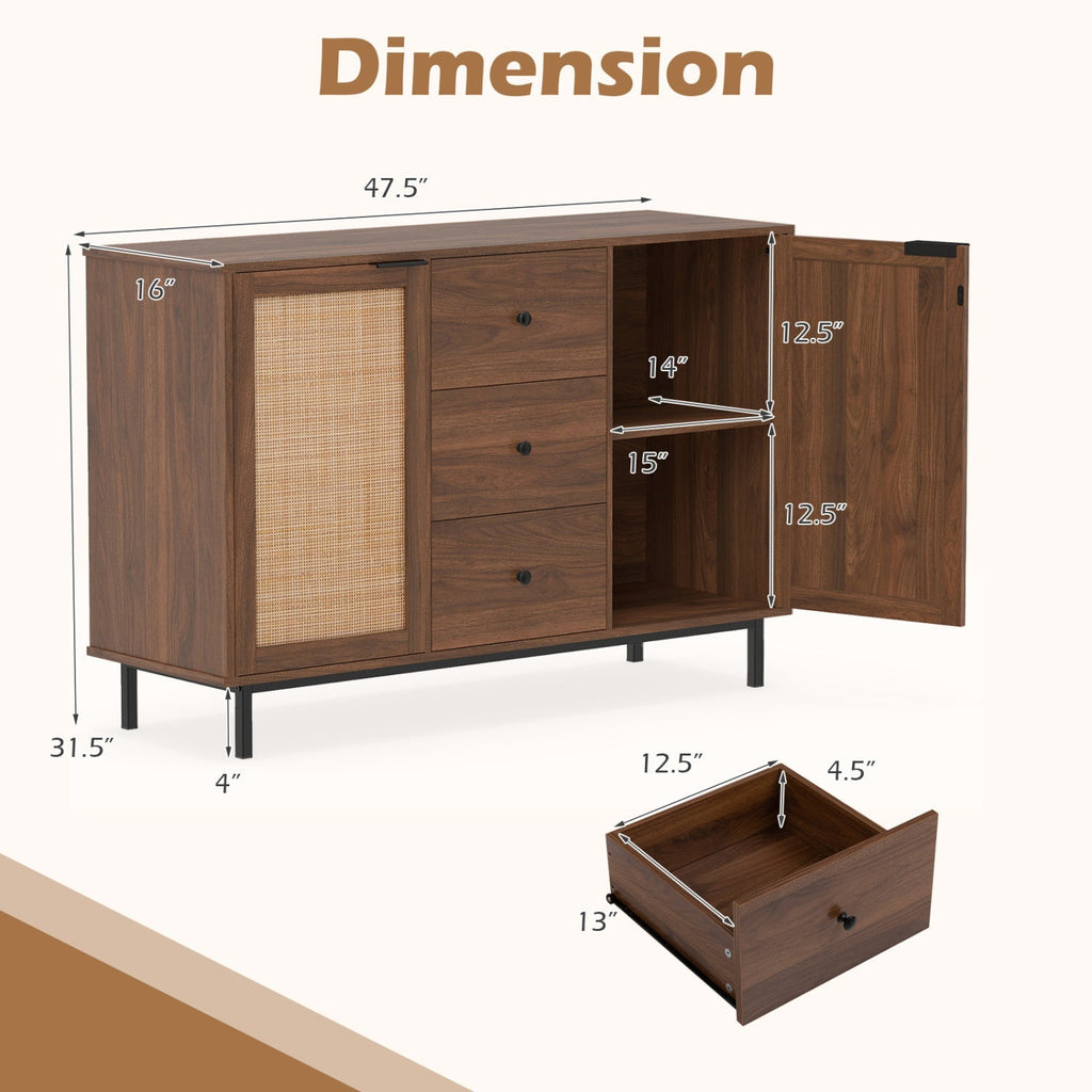Sideboard Buffet Cabinet with Rattan Doors and 3 Drawers