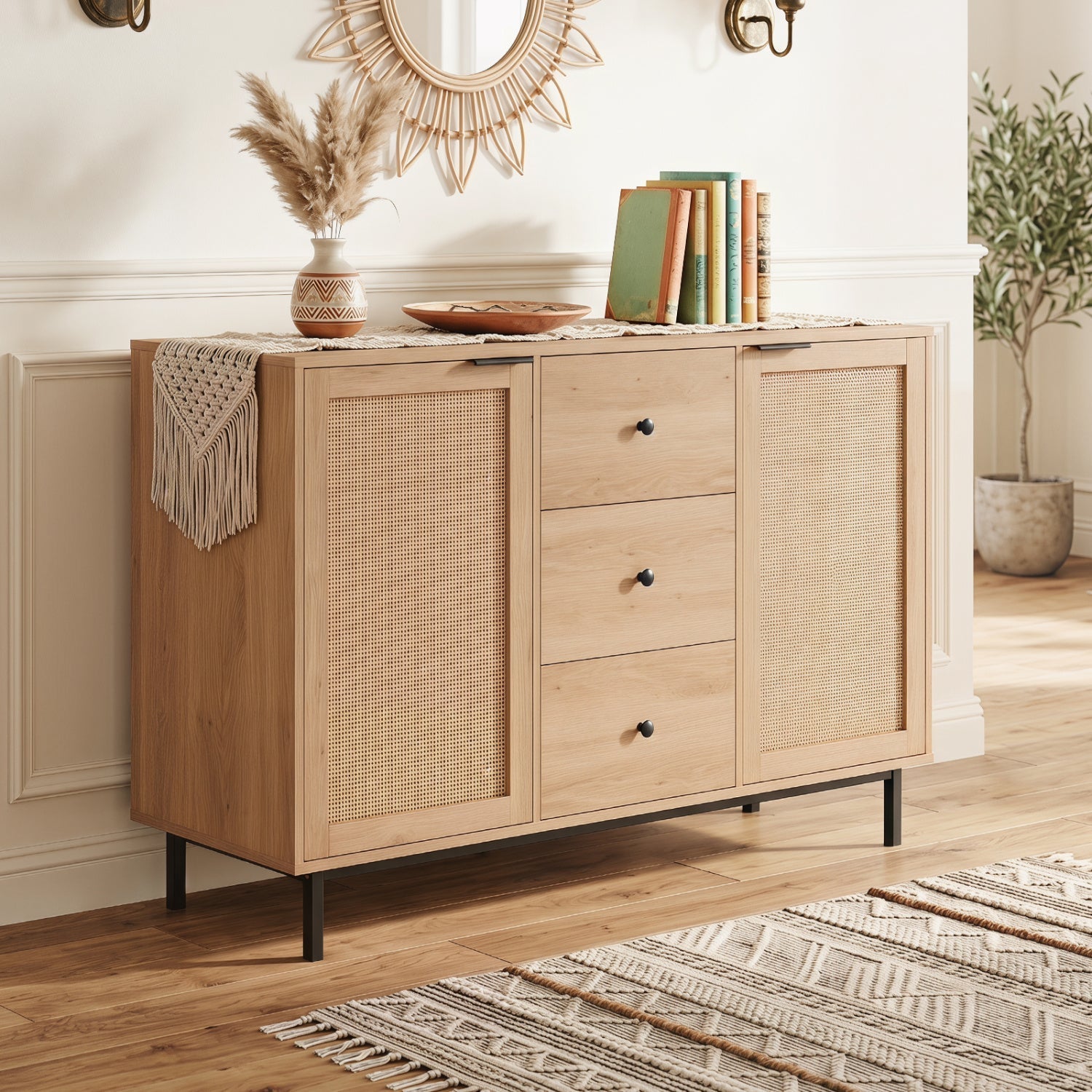 Sideboard Buffet Cabinet with Rattan Doors and 3 Drawers