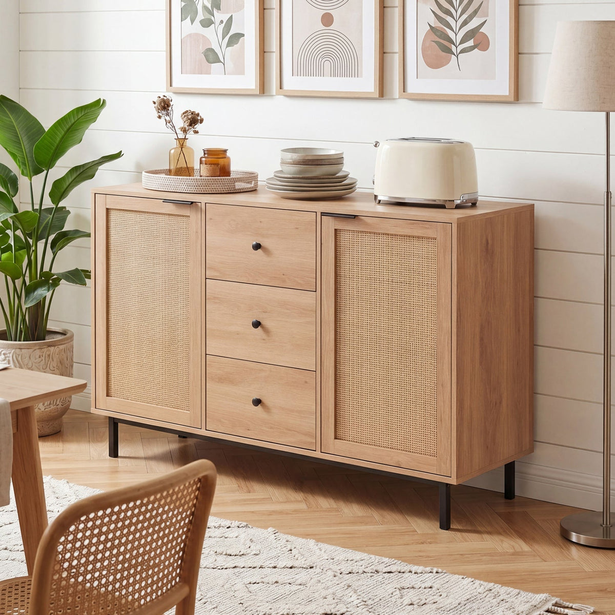 Sideboard Buffet Cabinet with Rattan Doors and 3 Drawers