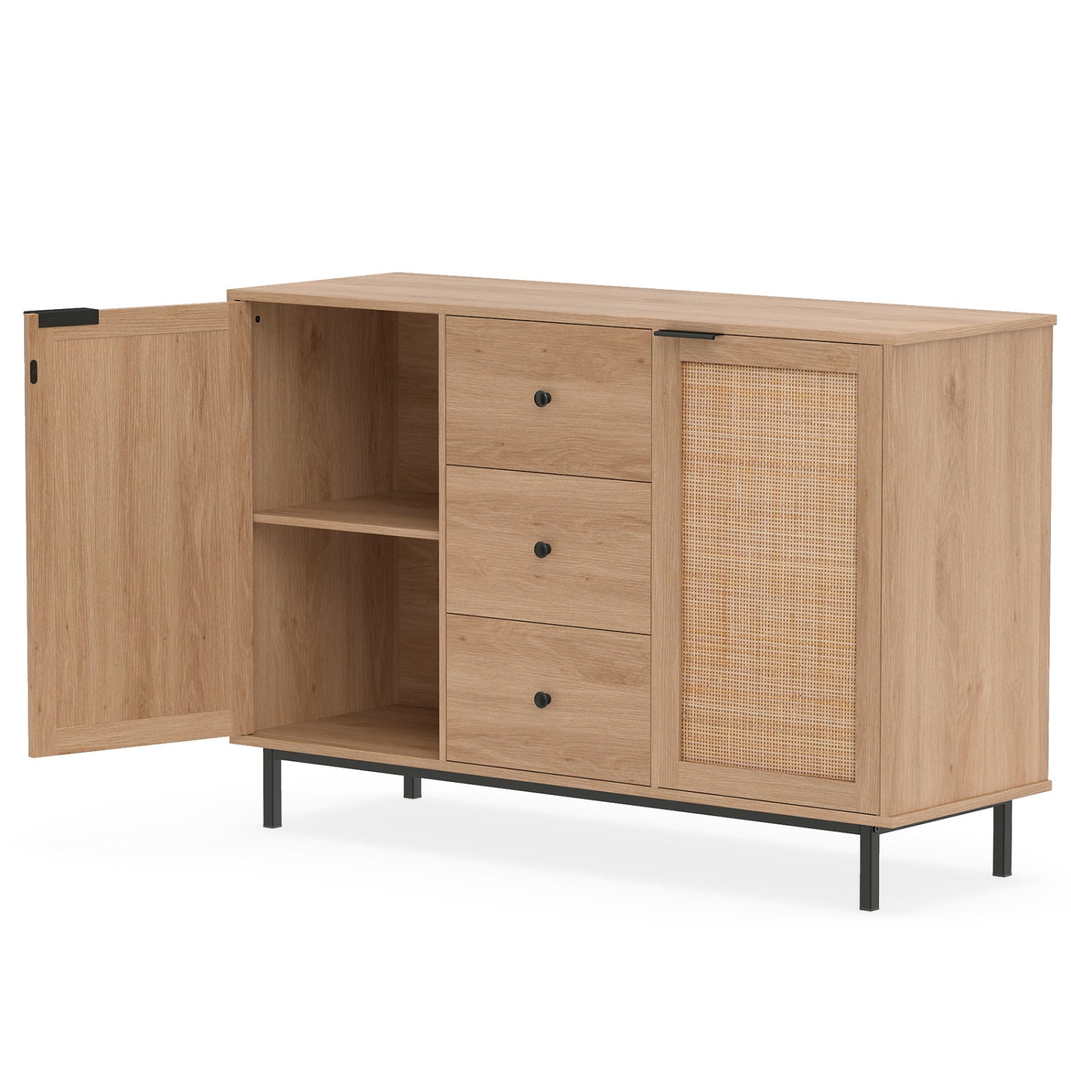 Sideboard Buffet Cabinet with Rattan Doors and 3 Drawers