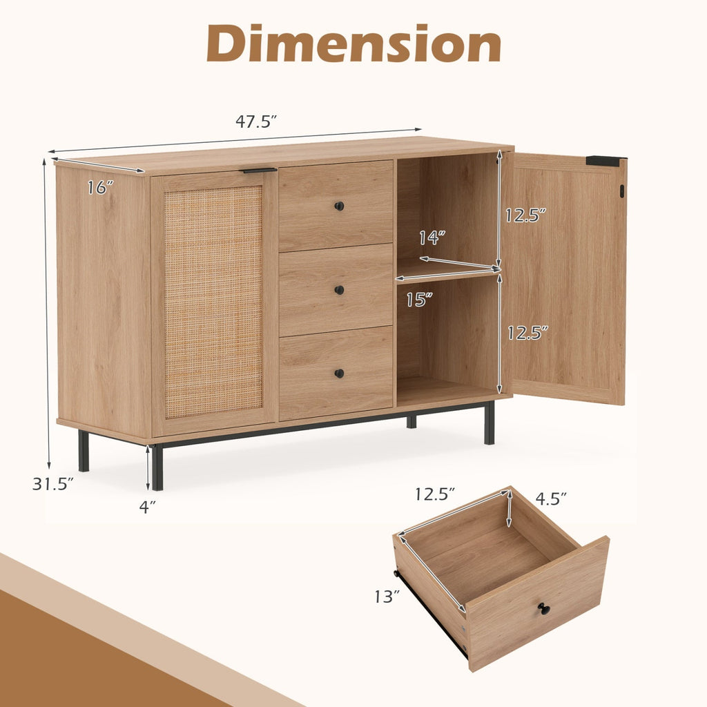 Sideboard Buffet Cabinet with Rattan Doors and 3 Drawers