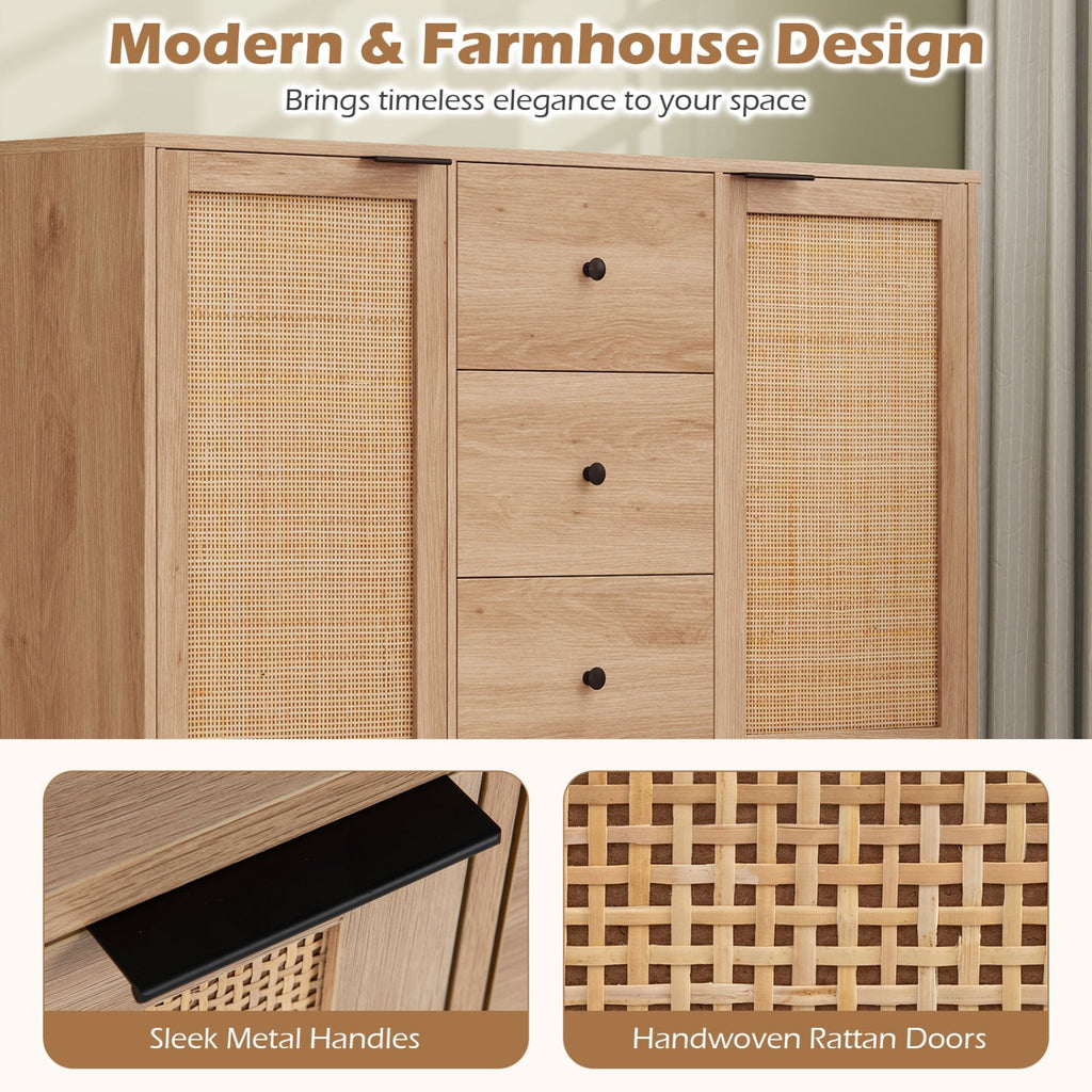 Sideboard Buffet Cabinet with Rattan Doors and 3 Drawers