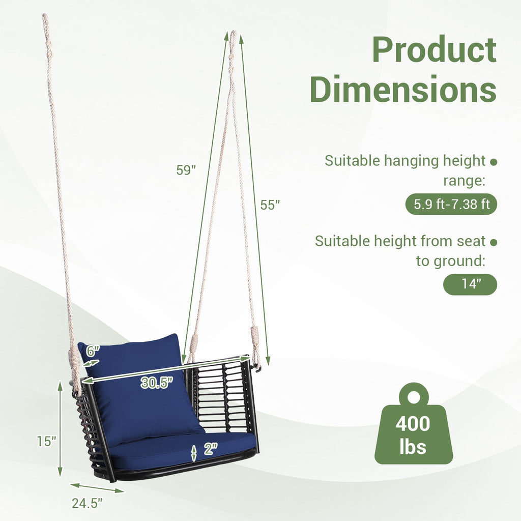 Single Person Hanging Seat with Woven Rattan Backrest for Backyard