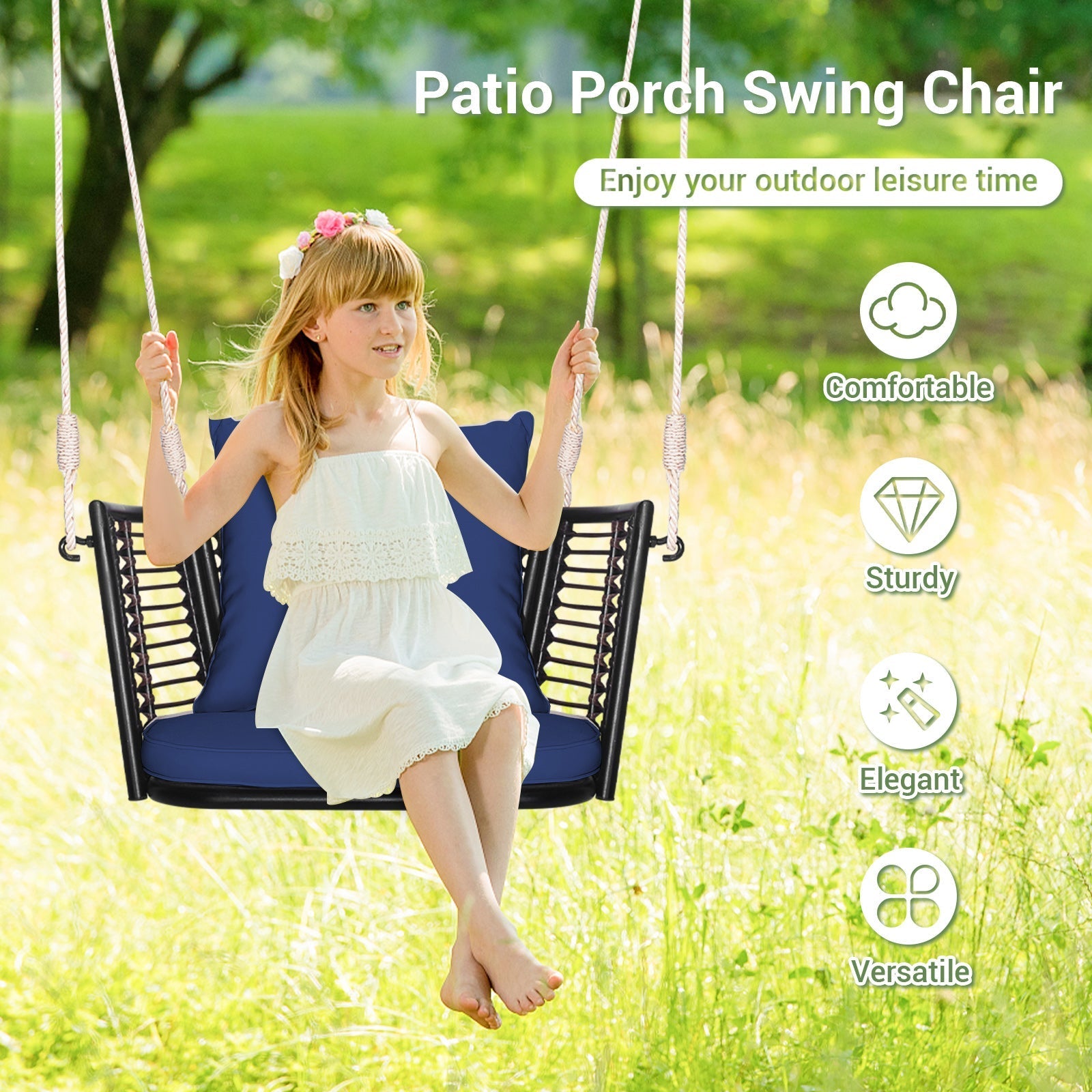 Single Person Hanging Seat with Woven Rattan Backrest for Backyard
