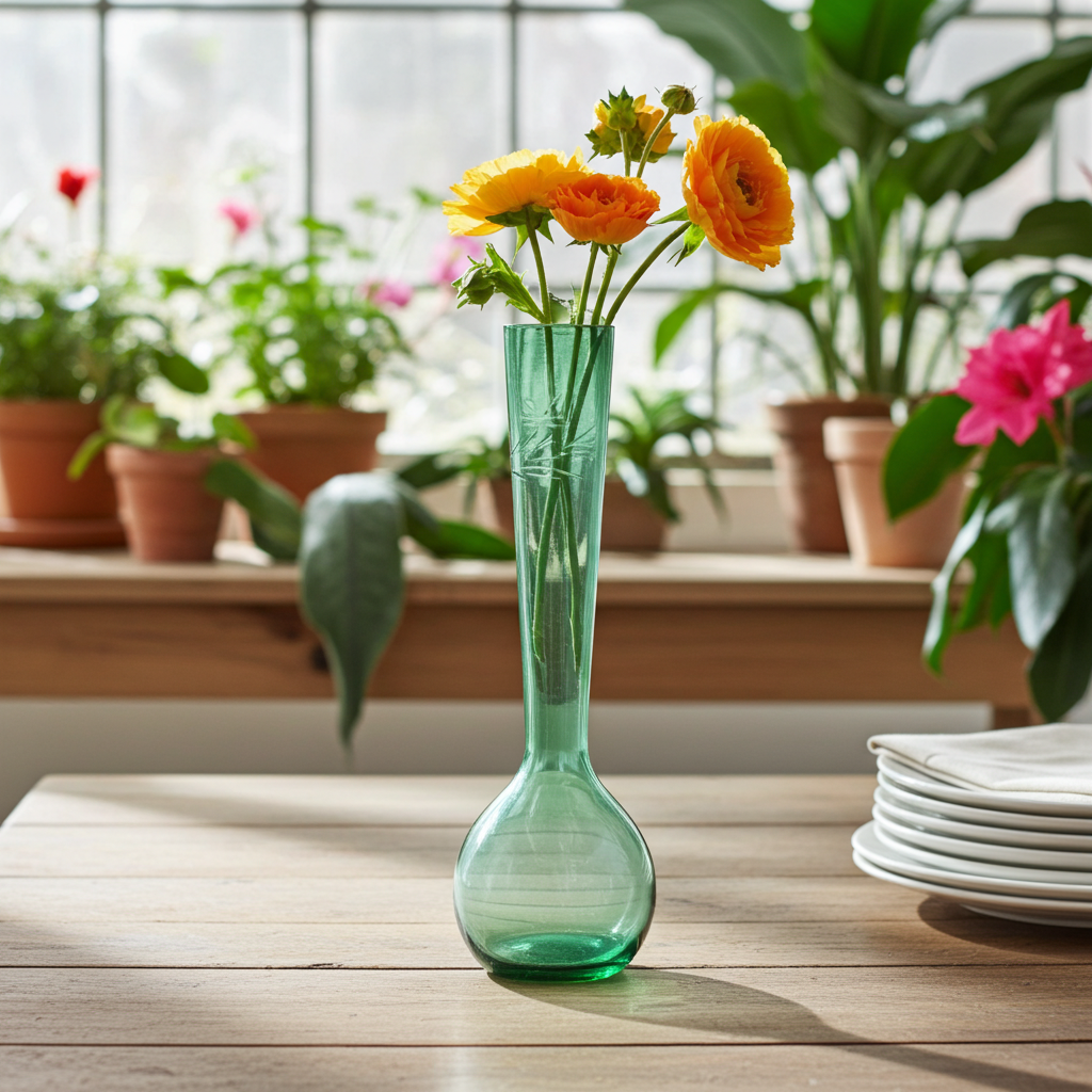 Hand‑blown Green Glass Bud Vase with Floral Etching — 8.5" H