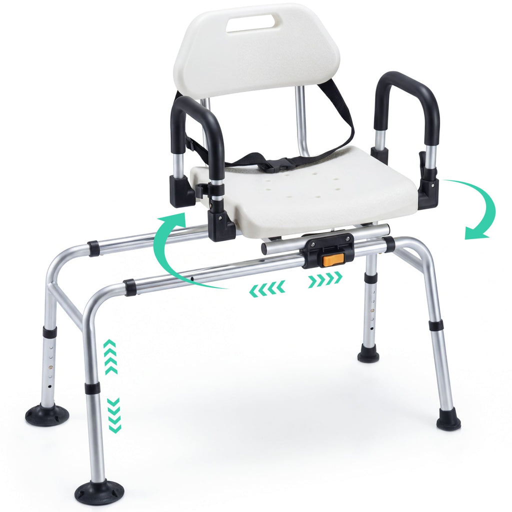 Sliding Shower Chair with Backrest and Swivel Seat for Handicap and Seniors
