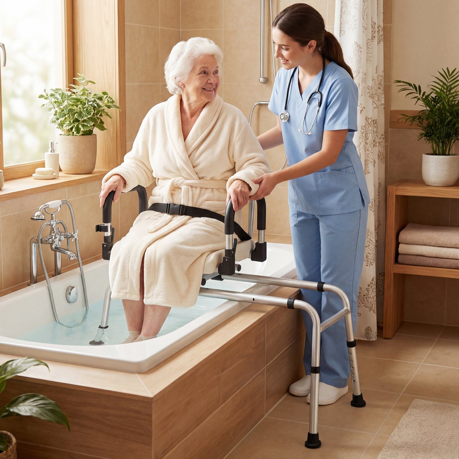 Sliding Shower Chair with Backrest and Swivel Seat for Handicap and Seniors