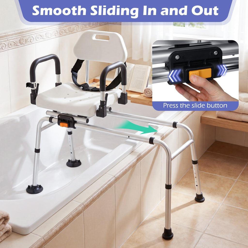 Sliding Shower Chair with Backrest and Swivel Seat for Handicap and Seniors