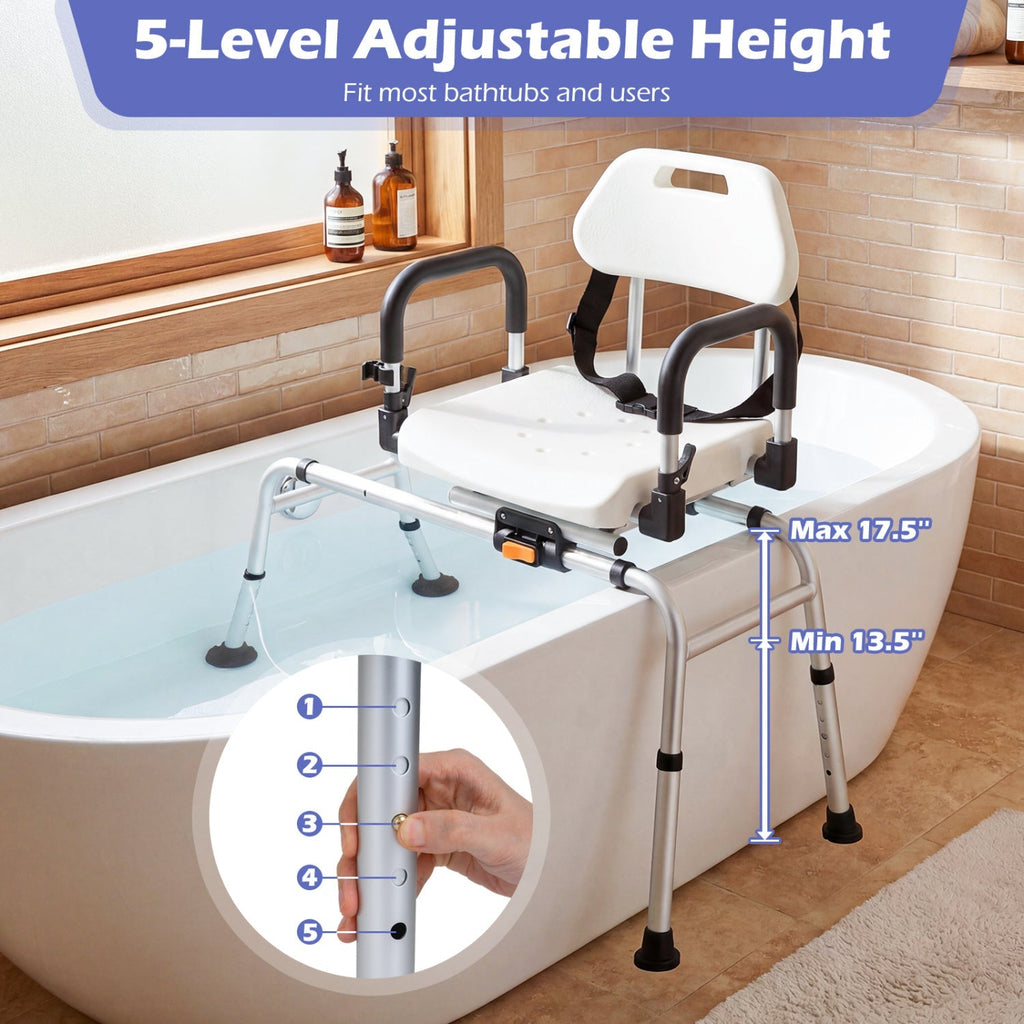 Sliding Shower Chair with Backrest and Swivel Seat for Handicap and Seniors