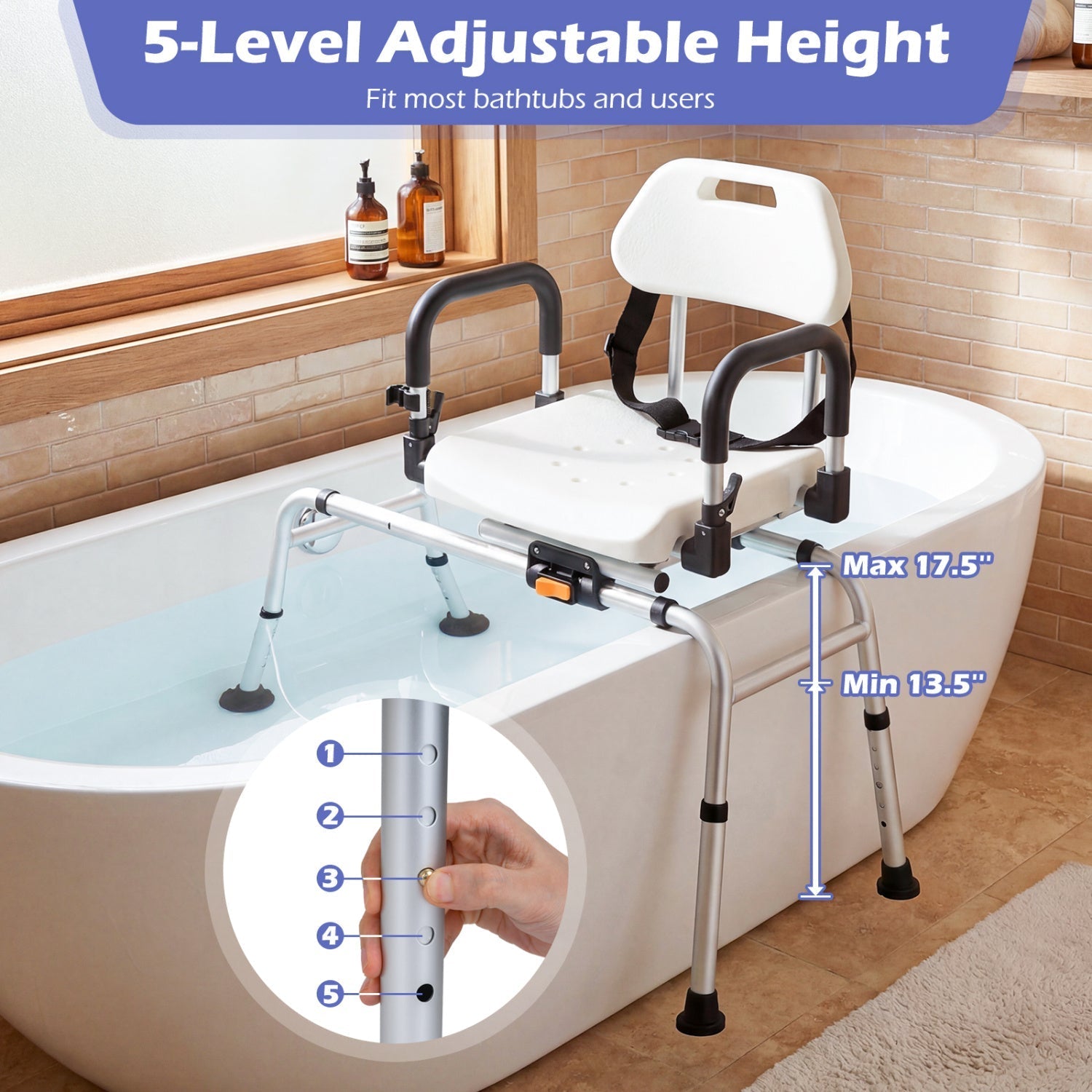 Sliding Shower Chair with Backrest and Swivel Seat for Handicap and Seniors