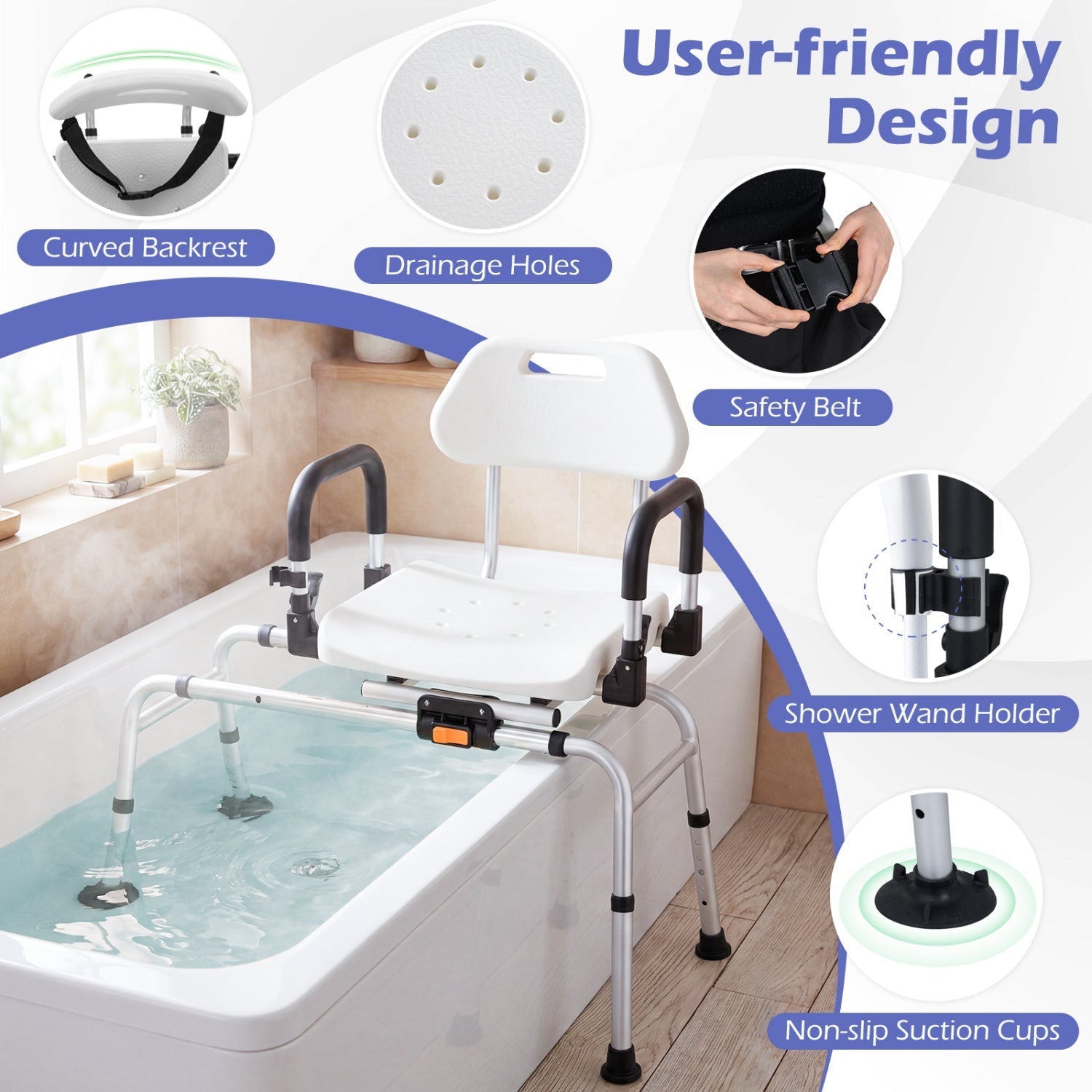 Sliding Shower Chair with Backrest and Swivel Seat for Handicap and Seniors