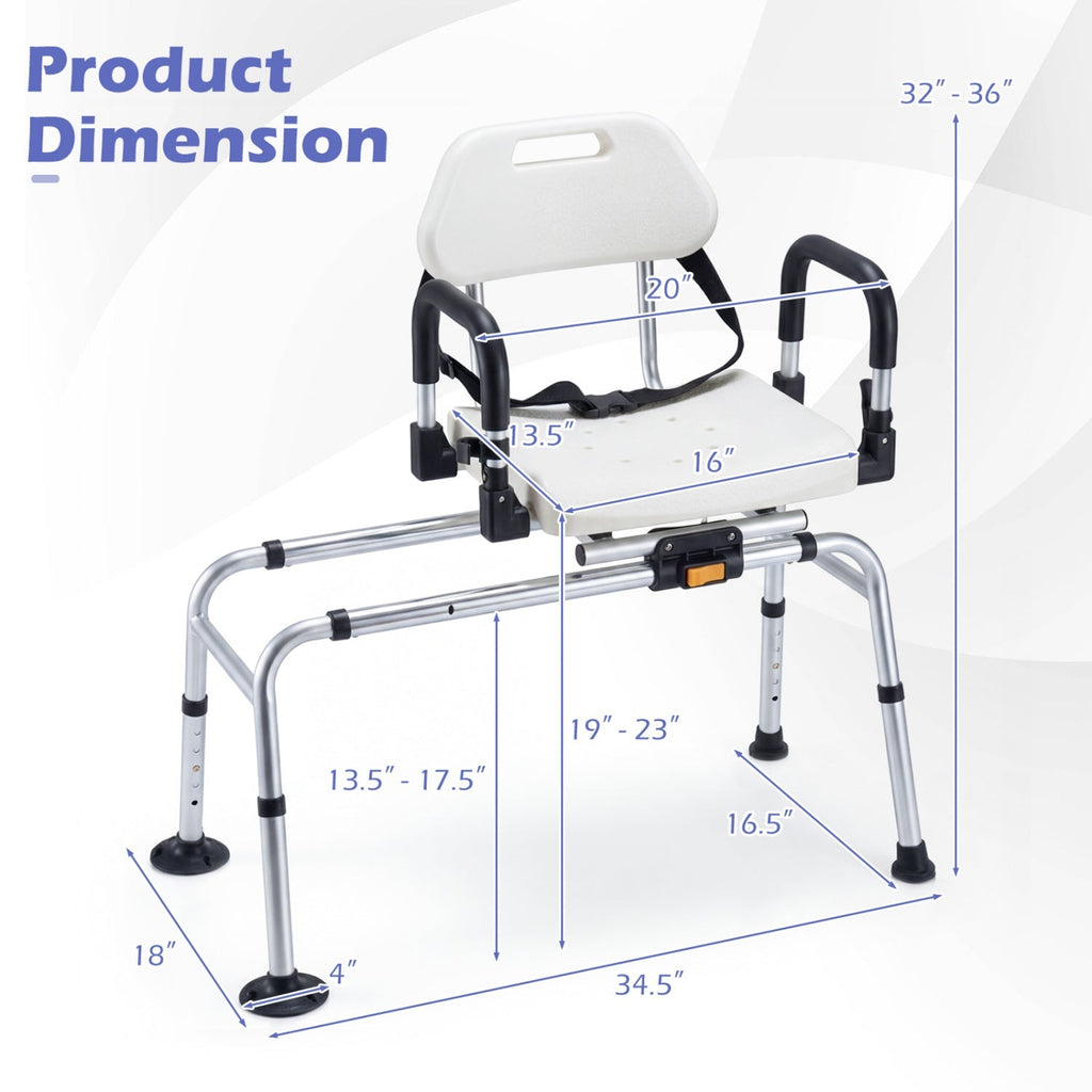 Sliding Shower Chair with Backrest and Swivel Seat for Handicap and Seniors