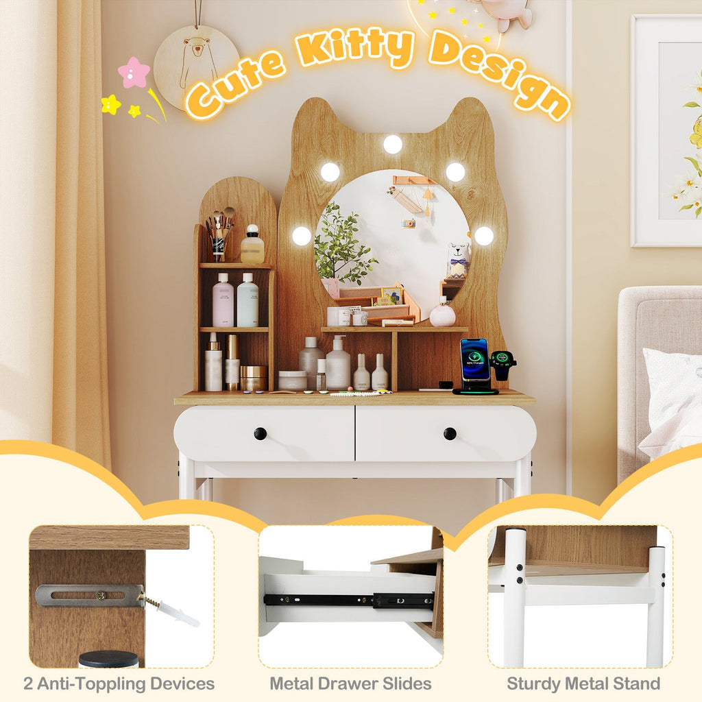 Small Vanity Desk with Mirror and Lights Cute Kitty Makeup Table with Power Outlets-Natural