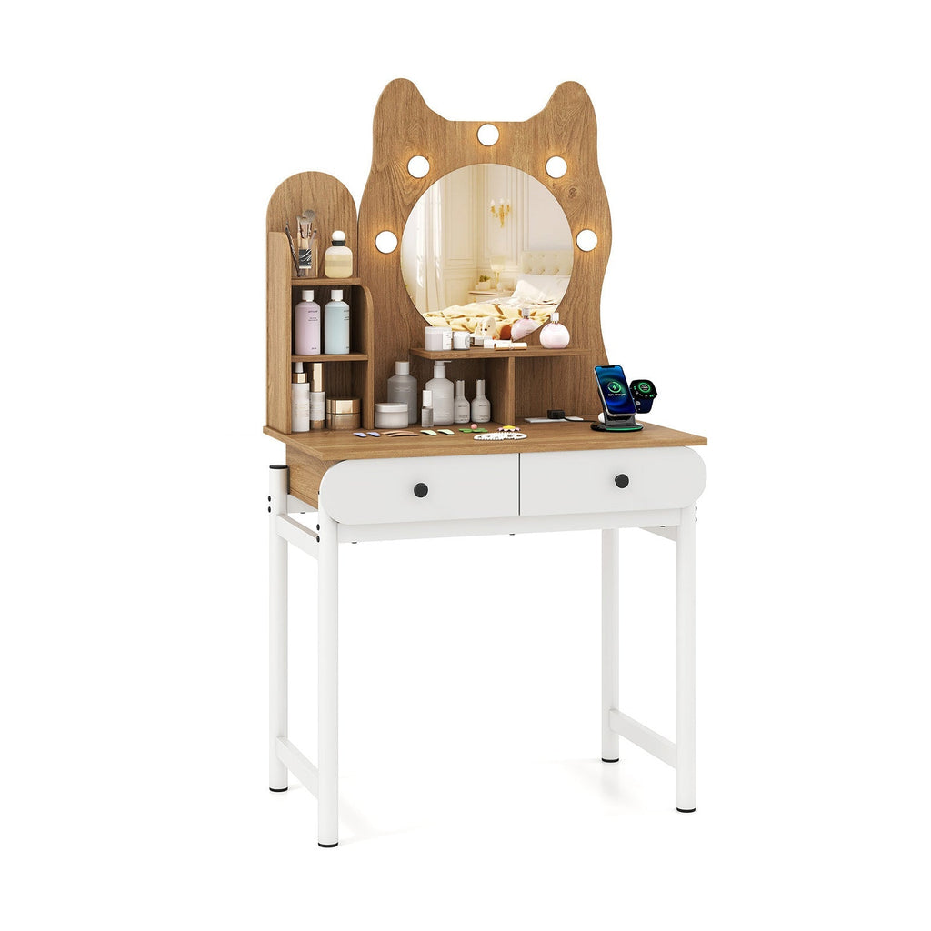 Small Vanity Desk with Mirror and Lights Cute Kitty Makeup Table with Power Outlets-Natural