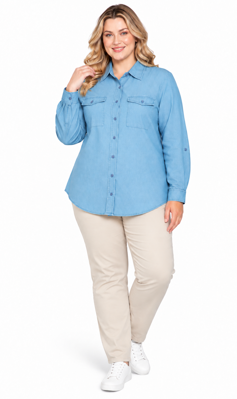 Women's Long Sleeve Button Down Denim Shirt with Front Pocket