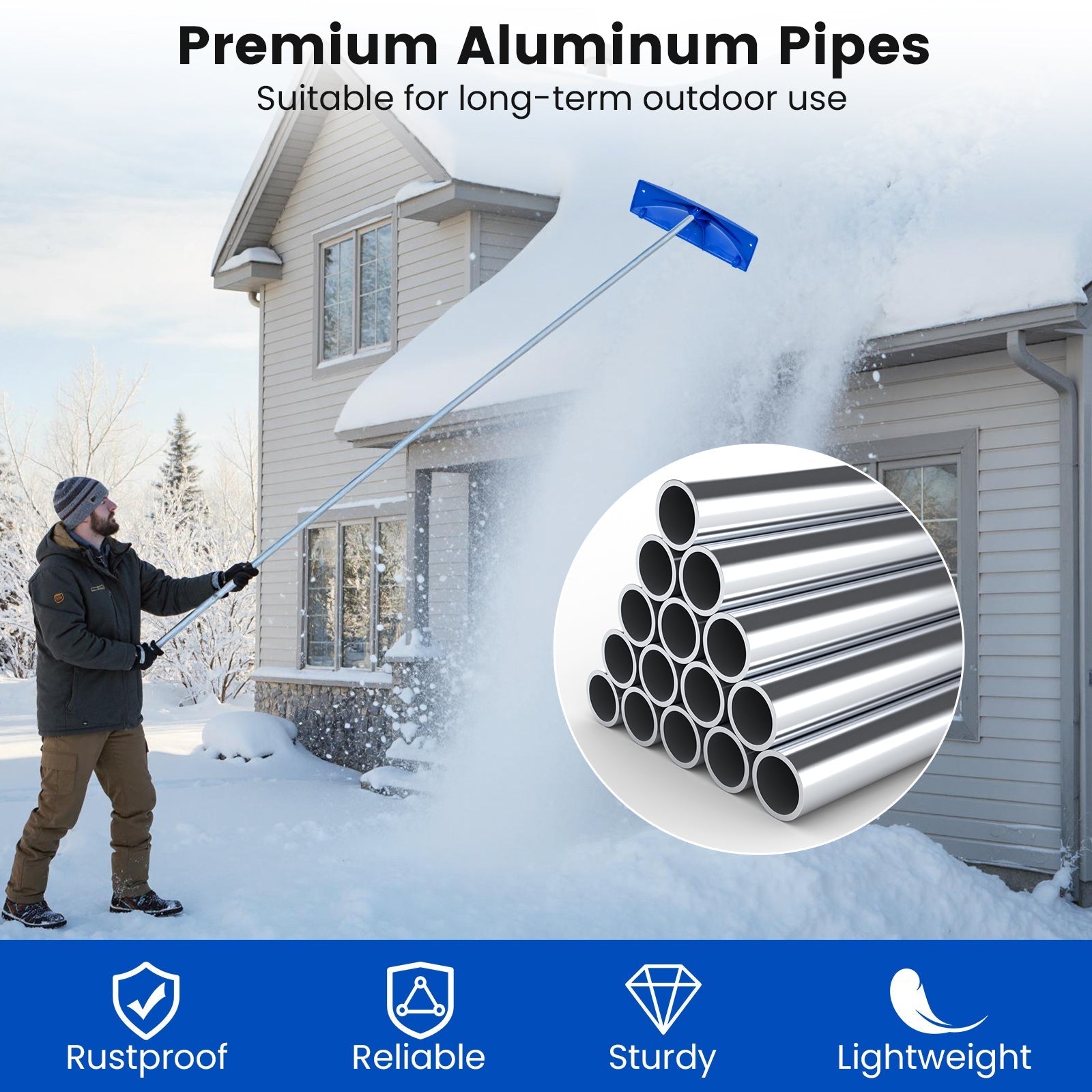 Snow Roof Rake with 24 Inch Wide Blade and Wheels