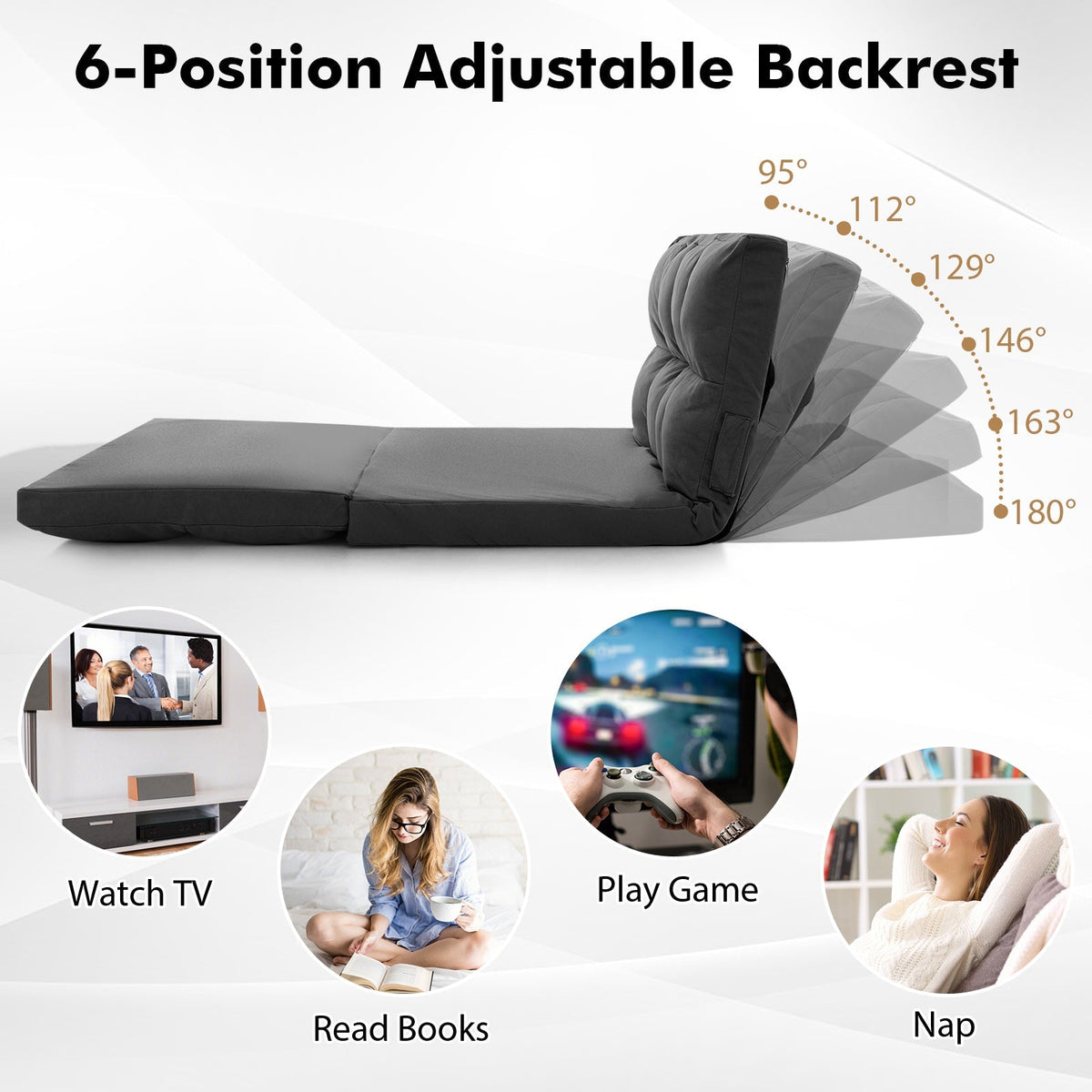 Floor Sofa Bed with 6 Positions Adjustable Backrest Skin-friendly Velvet Cover