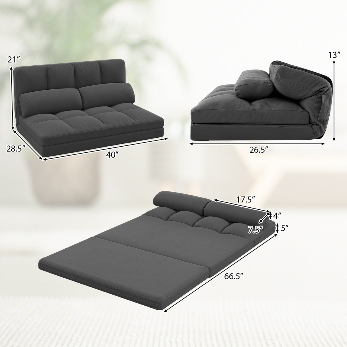 Floor Sofa Bed with 6 Positions Adjustable Backrest Skin-friendly Velvet Cover