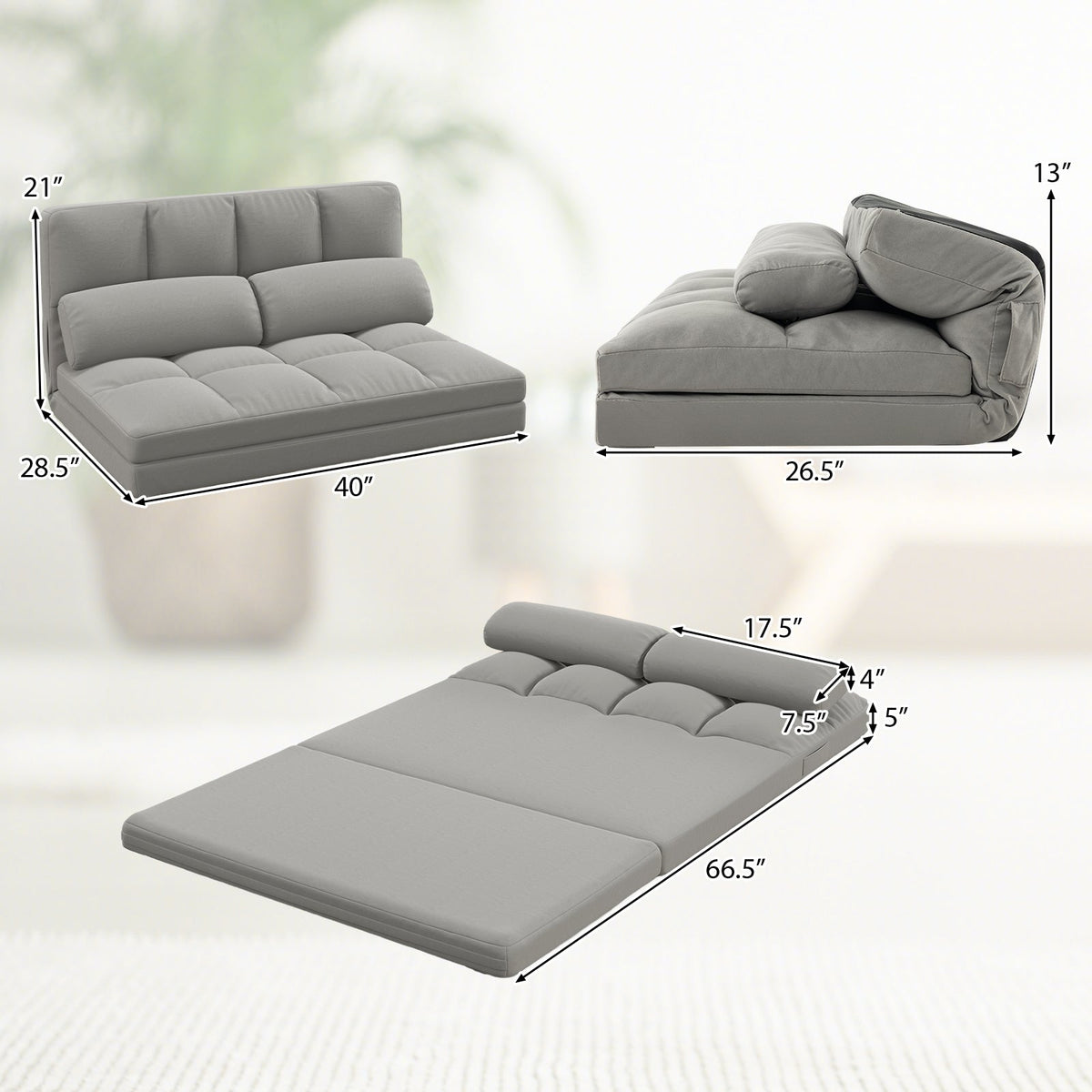 Floor Sofa Bed with 6 Positions Adjustable Backrest Skin-friendly Velvet Cover