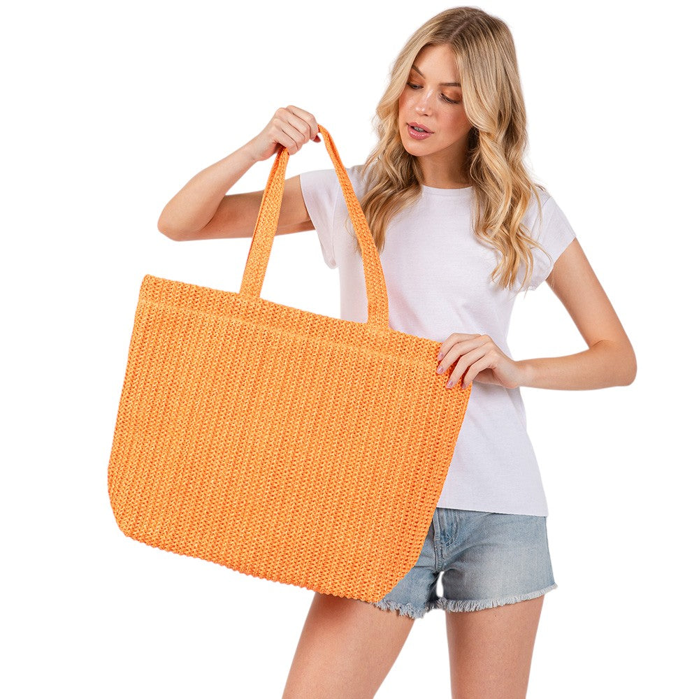 Solid Crochet Straw Tote Bag / Beach Bag