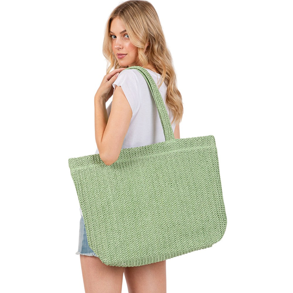 Solid Crochet Straw Tote Bag / Beach Bag