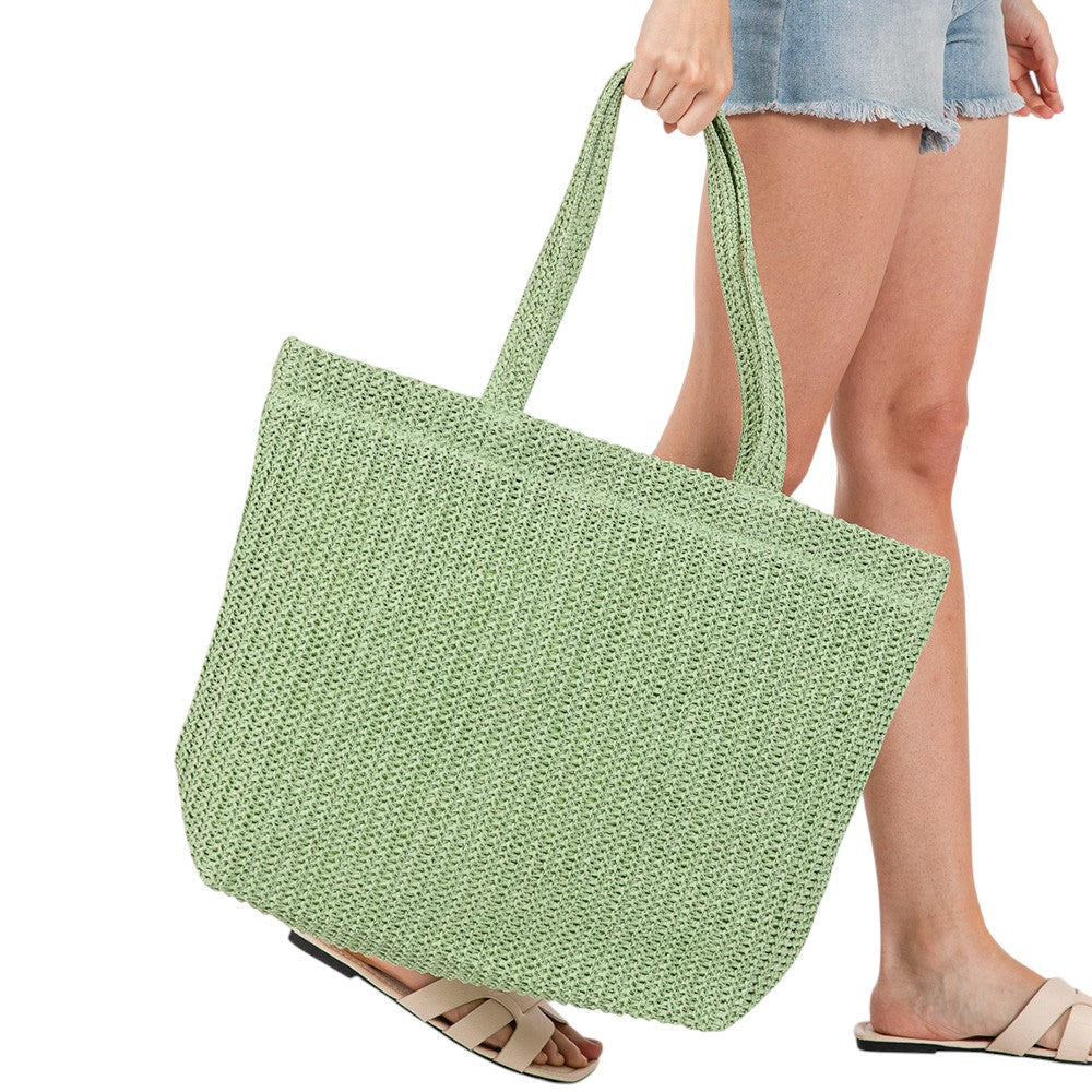 Solid Crochet Straw Tote Bag / Beach Bag