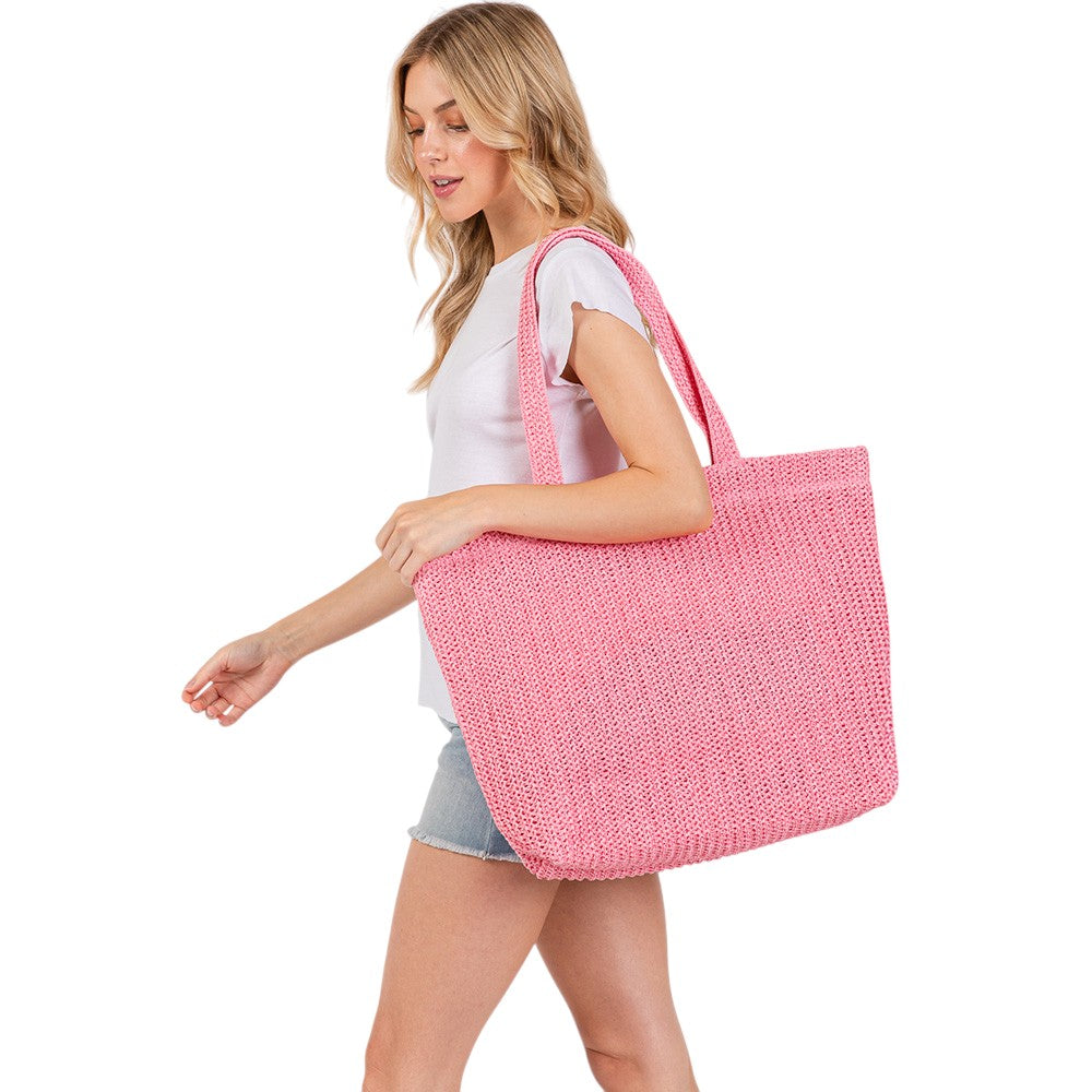 Solid Crochet Straw Tote Bag / Beach Bag