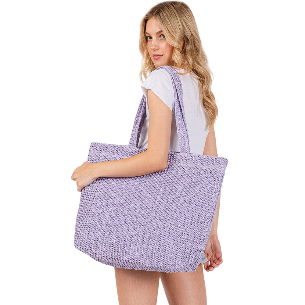 Solid Crochet Straw Tote Bag / Beach Bag