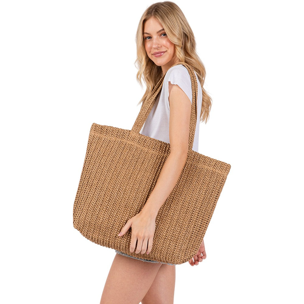 Solid Crochet Straw Tote Bag / Beach Bag