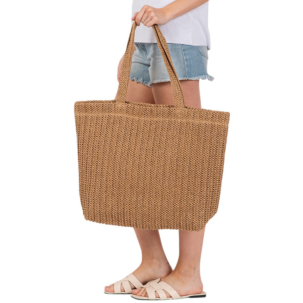 Solid Crochet Straw Tote Bag / Beach Bag