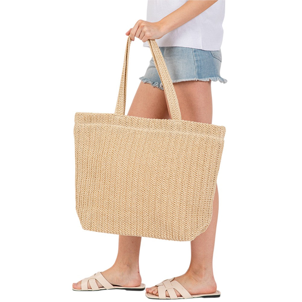 Solid Crochet Straw Tote Bag / Beach Bag