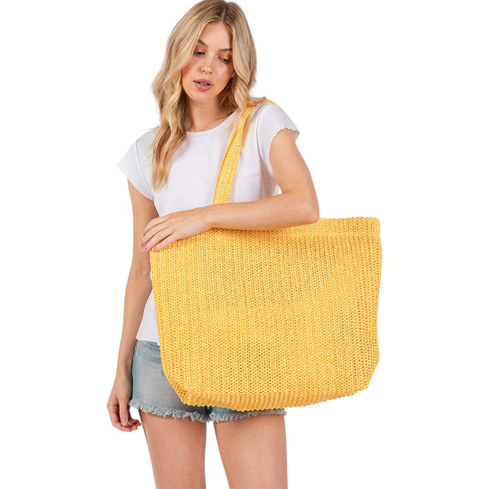 Solid Crochet Straw Tote Bag / Beach Bag
