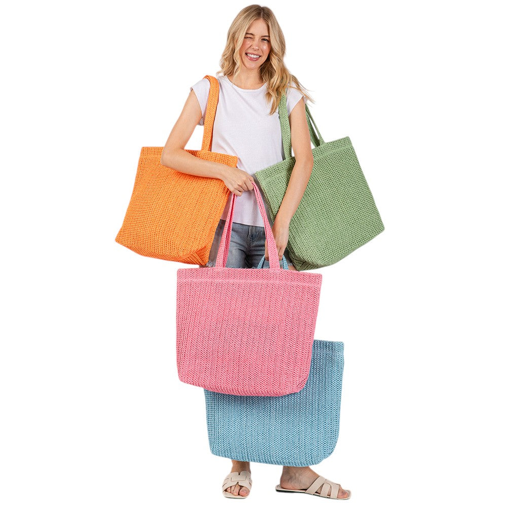 Solid Crochet Straw Tote Bag / Beach Bag