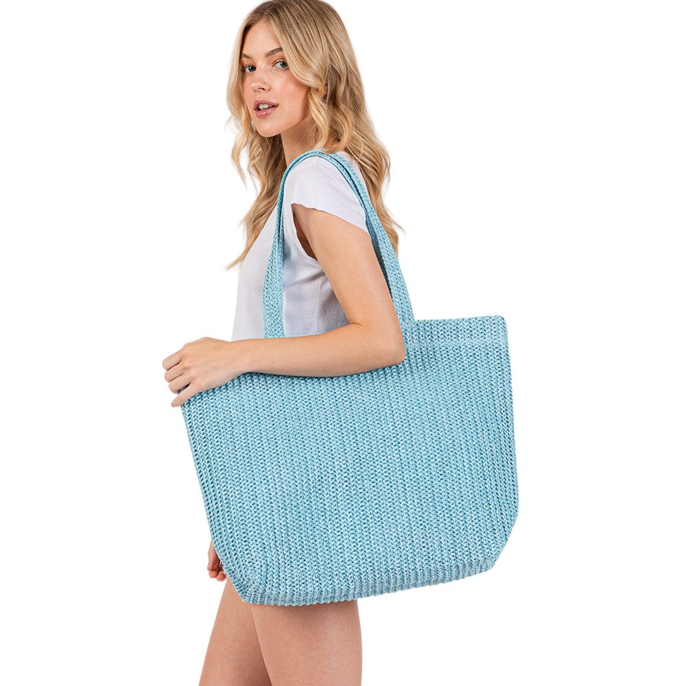 Solid Crochet Straw Tote Bag / Beach Bag