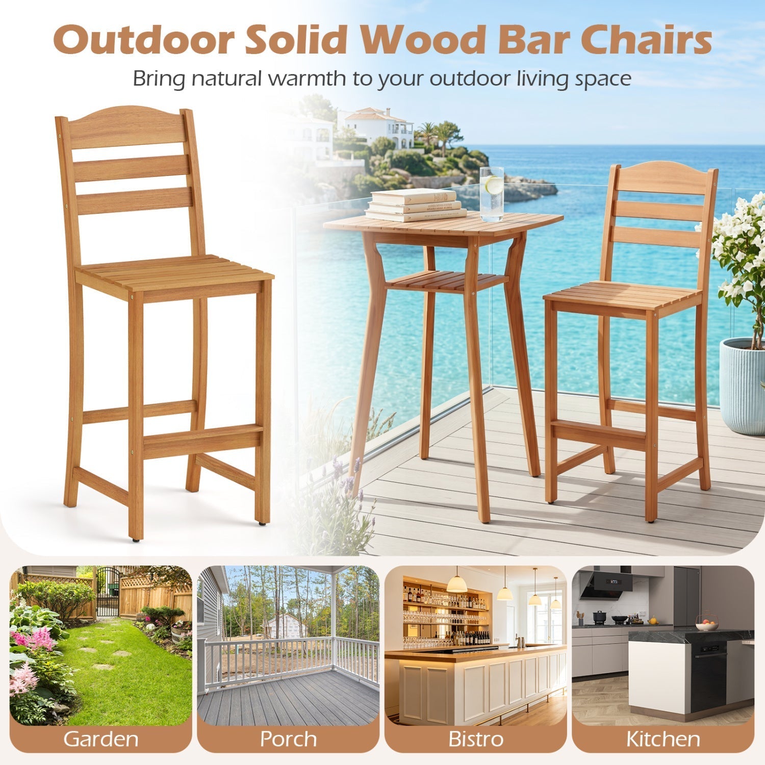 Acacia Wood Bar Stools with Curved Backrest - 400 LBS Capacity
