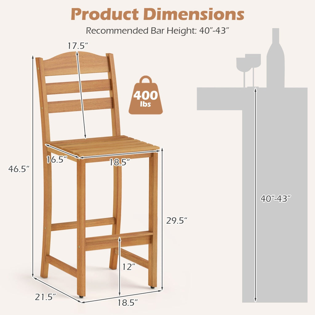 Acacia Wood Bar Stools with Curved Backrest - 400 LBS Capacity