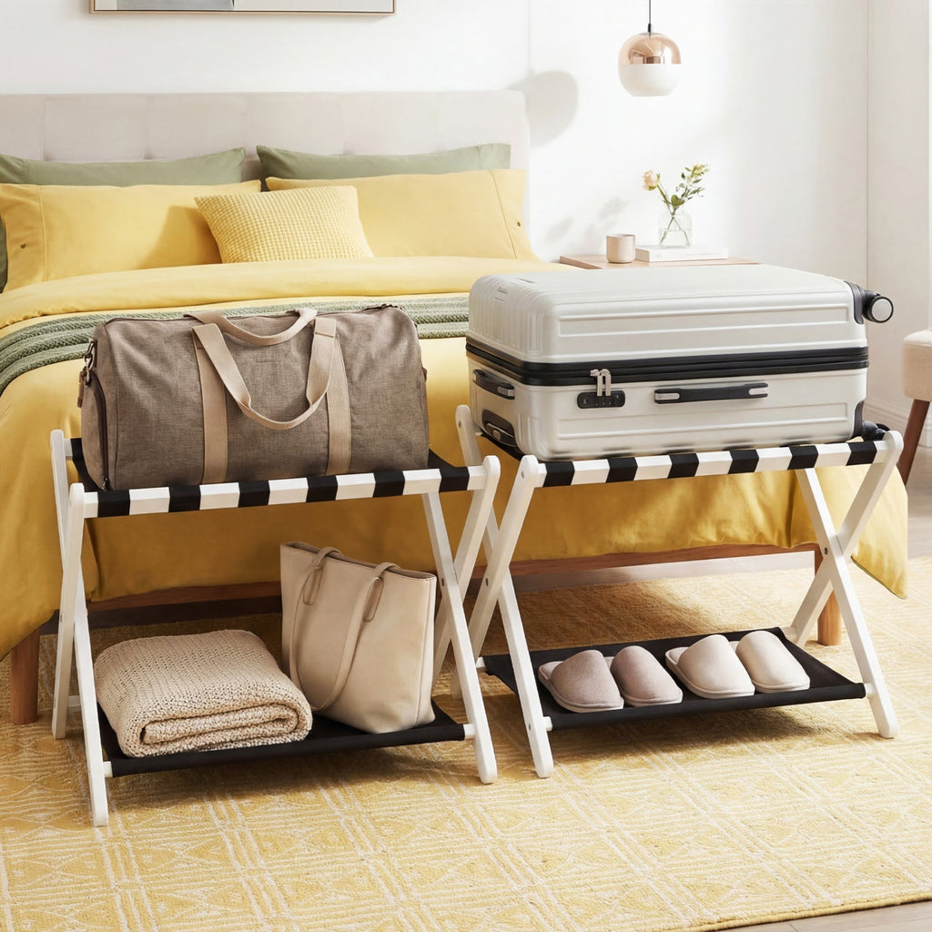 Solid Rubberwood Folding Luggage Rack with Nylon Shelves Set of 2