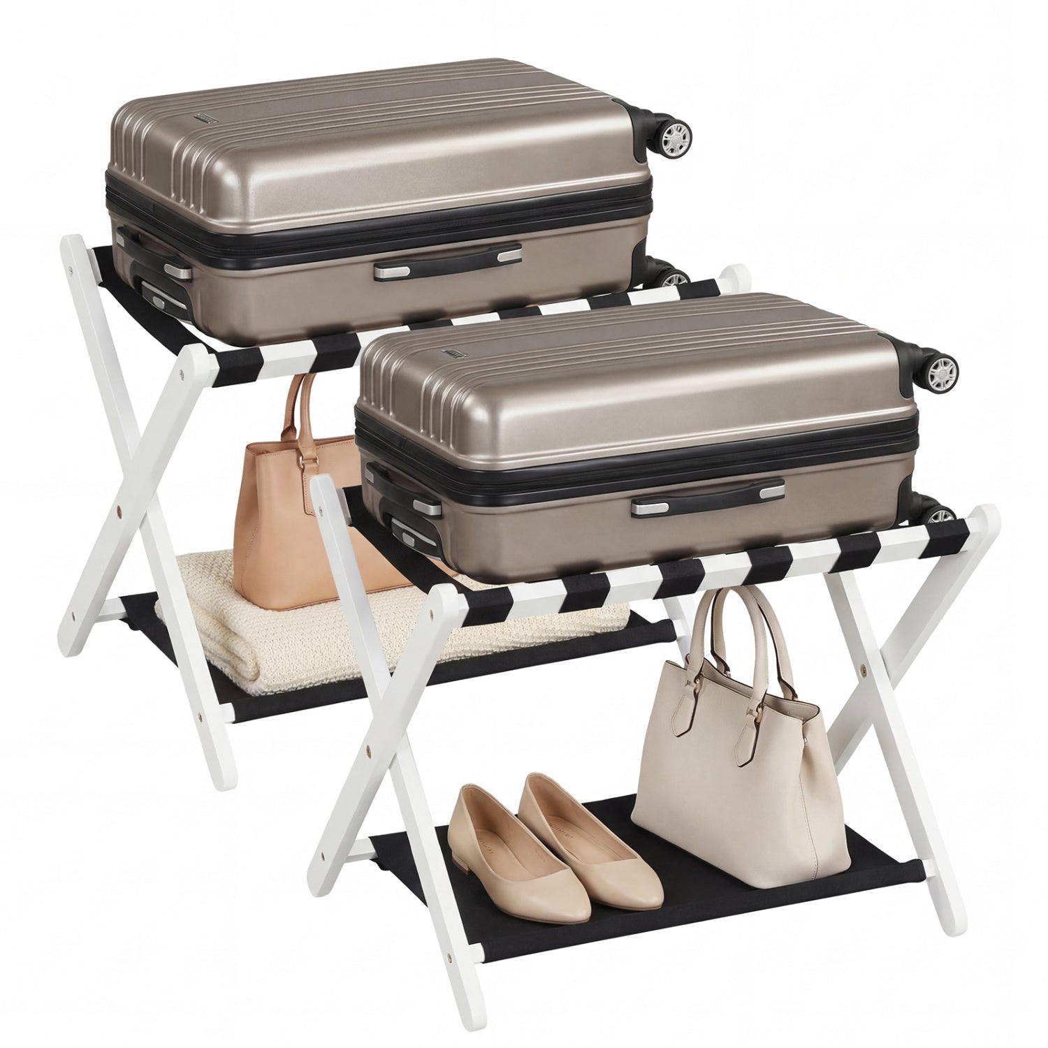 Solid Rubberwood Folding Luggage Rack with Nylon Shelves Set of 2