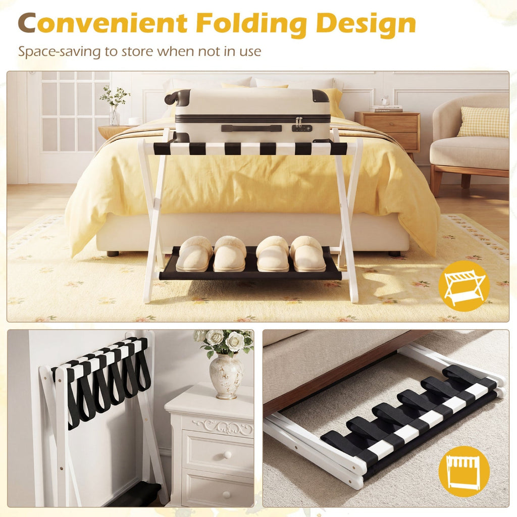 Solid Rubberwood Folding Luggage Rack with Nylon Shelves Set of 2
