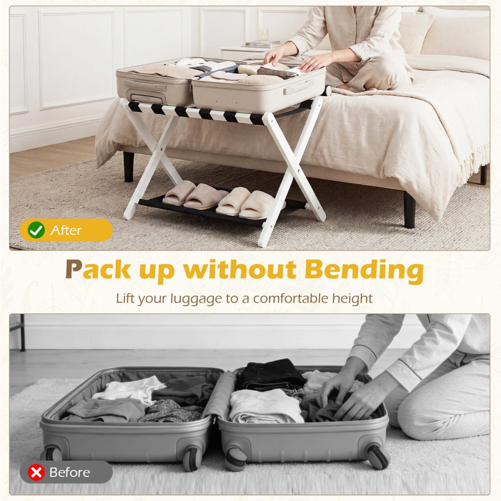 Solid Rubberwood Folding Luggage Rack with Nylon Shelves Set of 2