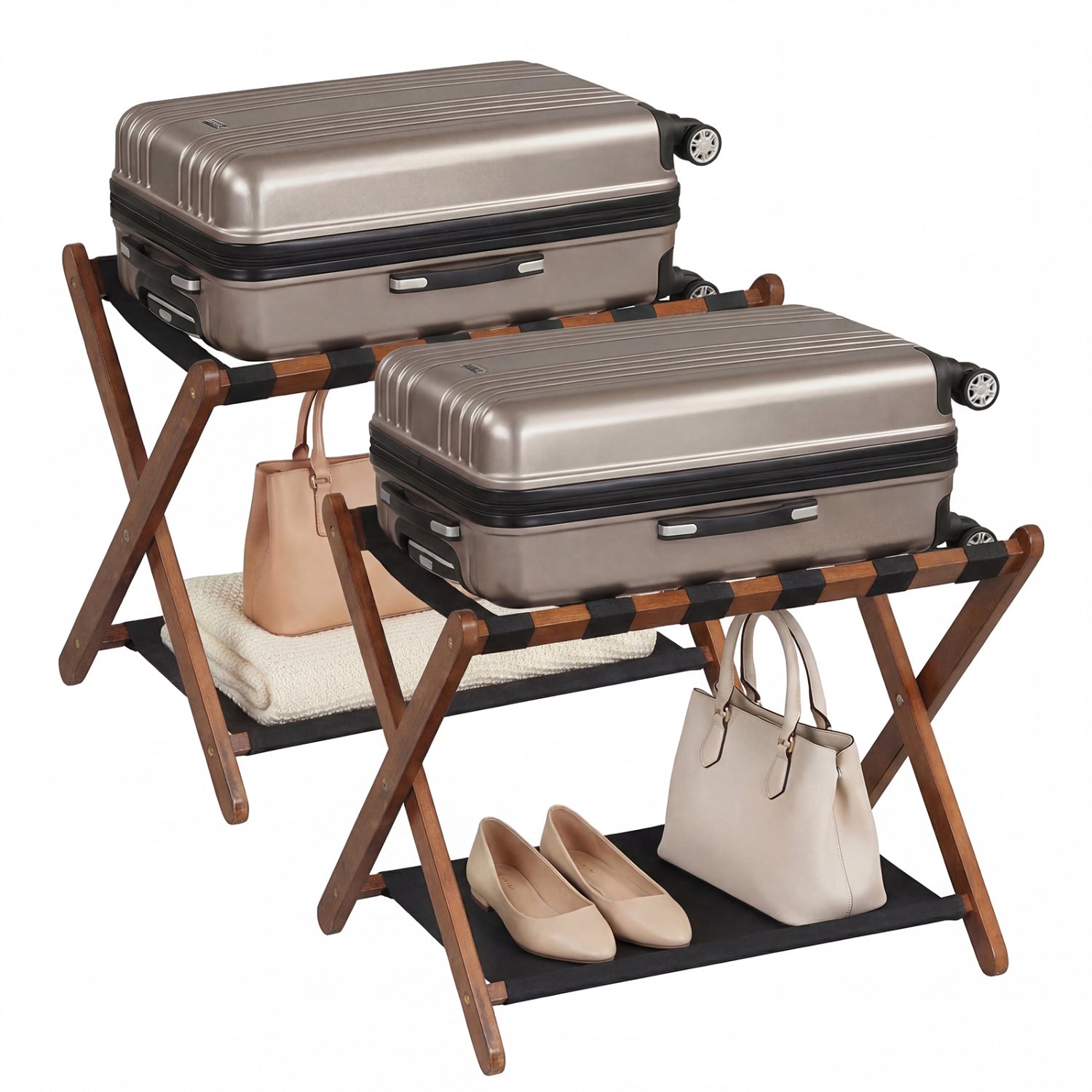 Solid Rubberwood Folding Luggage Rack with Nylon Shelves Set of 2