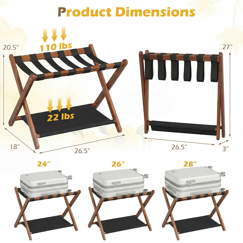 Solid Rubberwood Folding Luggage Rack with Nylon Shelves Set of 2
