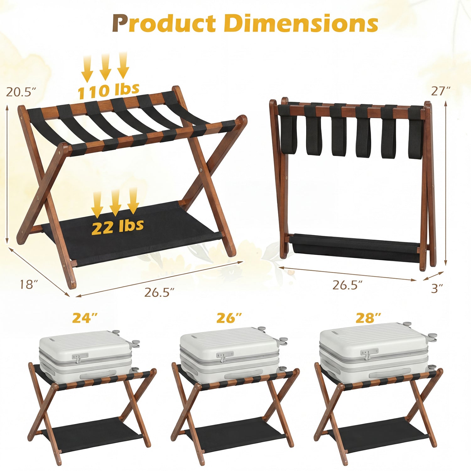 Solid Rubberwood Folding Luggage Rack with Nylon Shelves Set of 2